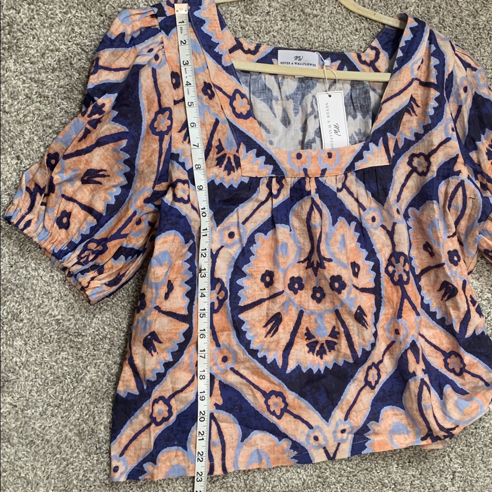 Never a Wallflower Blue Boho Print Short Sleeve Linen Blouse - Picture 8 of 9